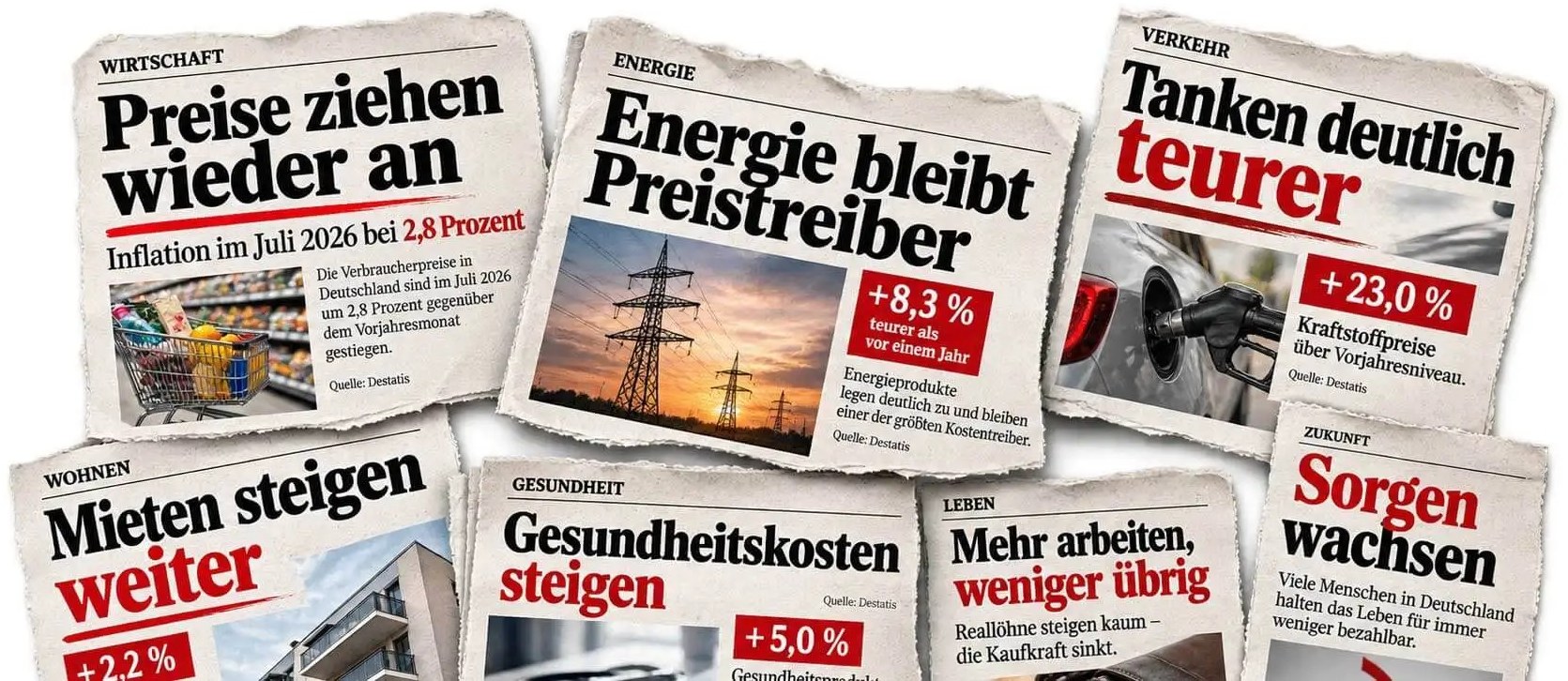 Schlagzeilen zu steigenden Preisen in Deutschland: Inflation, Energie, Tanken, Mieten und Gesundheitskosten steigen, Sorgen wachsen